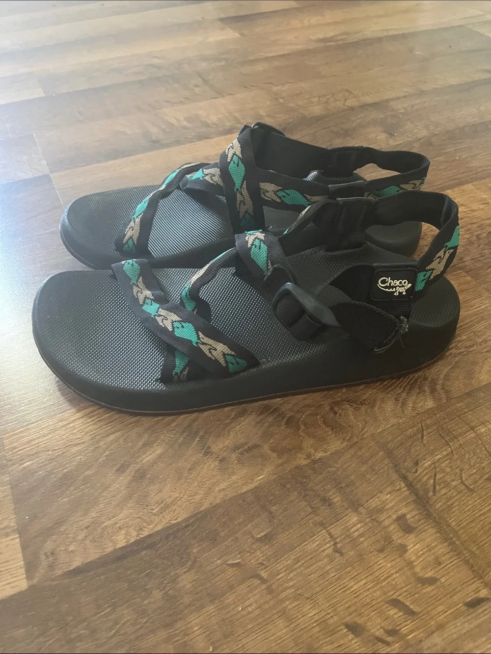 Chaco Sandals Z/1 Tan Teal Straps with Fish and Birds Size 10.5 Men’s Size 9